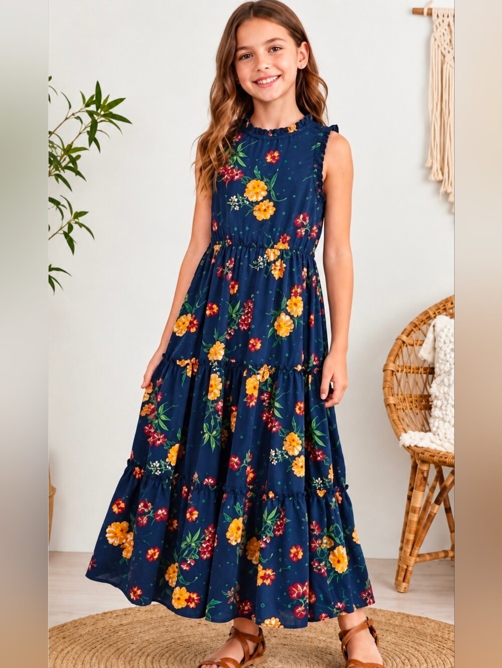 Zunie Navy Floral Tiered Maxi Dress Size L 14/16